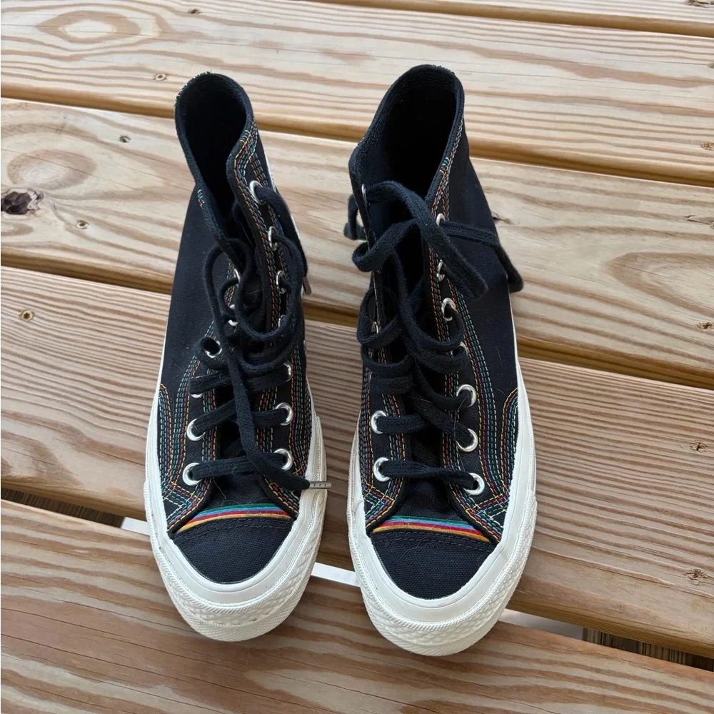 Converse Layered Pride Sneakers - Black High-Tops with Rainbow Stitching - Picture 2 of 6